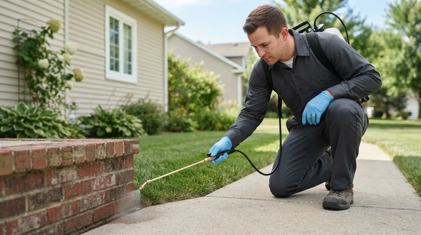 Pest control technician treating a home near Alden, KS